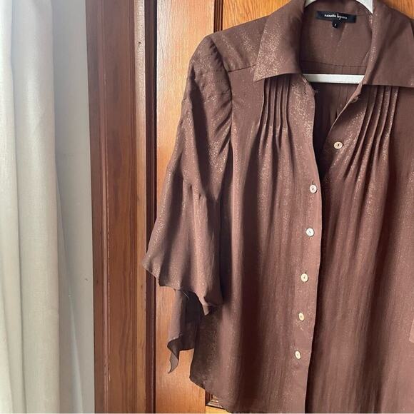 Nanette Lepore Fluted Sleeve Shimmer Brown Button Down Blouse - Picture 2 of 8